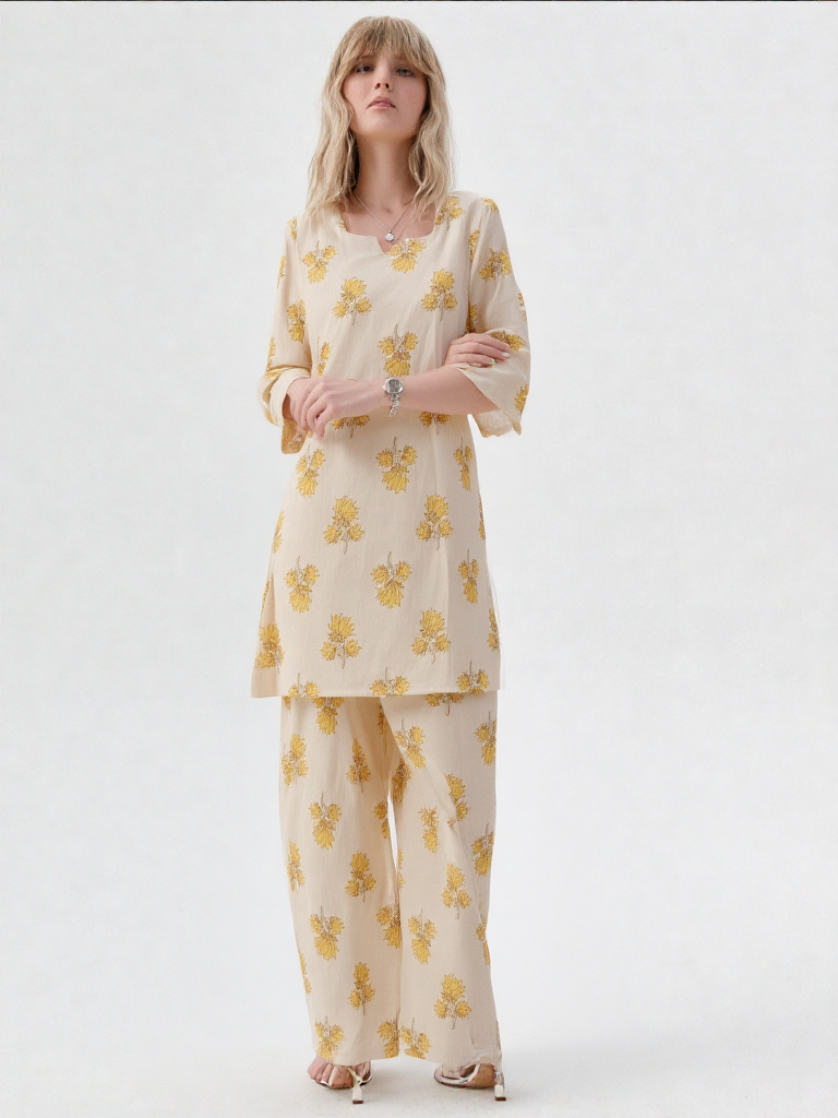 Likau Cord Sets leafy yellow  Pure Cotton With Natural Colours Indian print set - Image 2