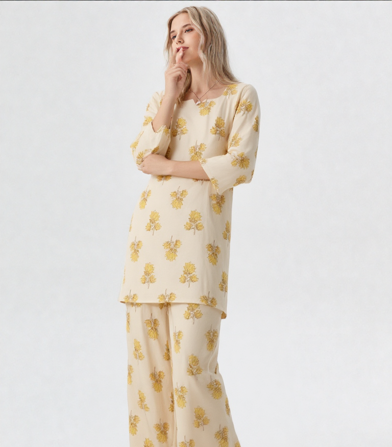 Likau Cord Sets leafy yellow  Pure Cotton With Natural Colours Indian print set - Image 1