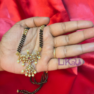 Flowery White and Pink AD stones Golden 2 layer Black beads|mangalsutra