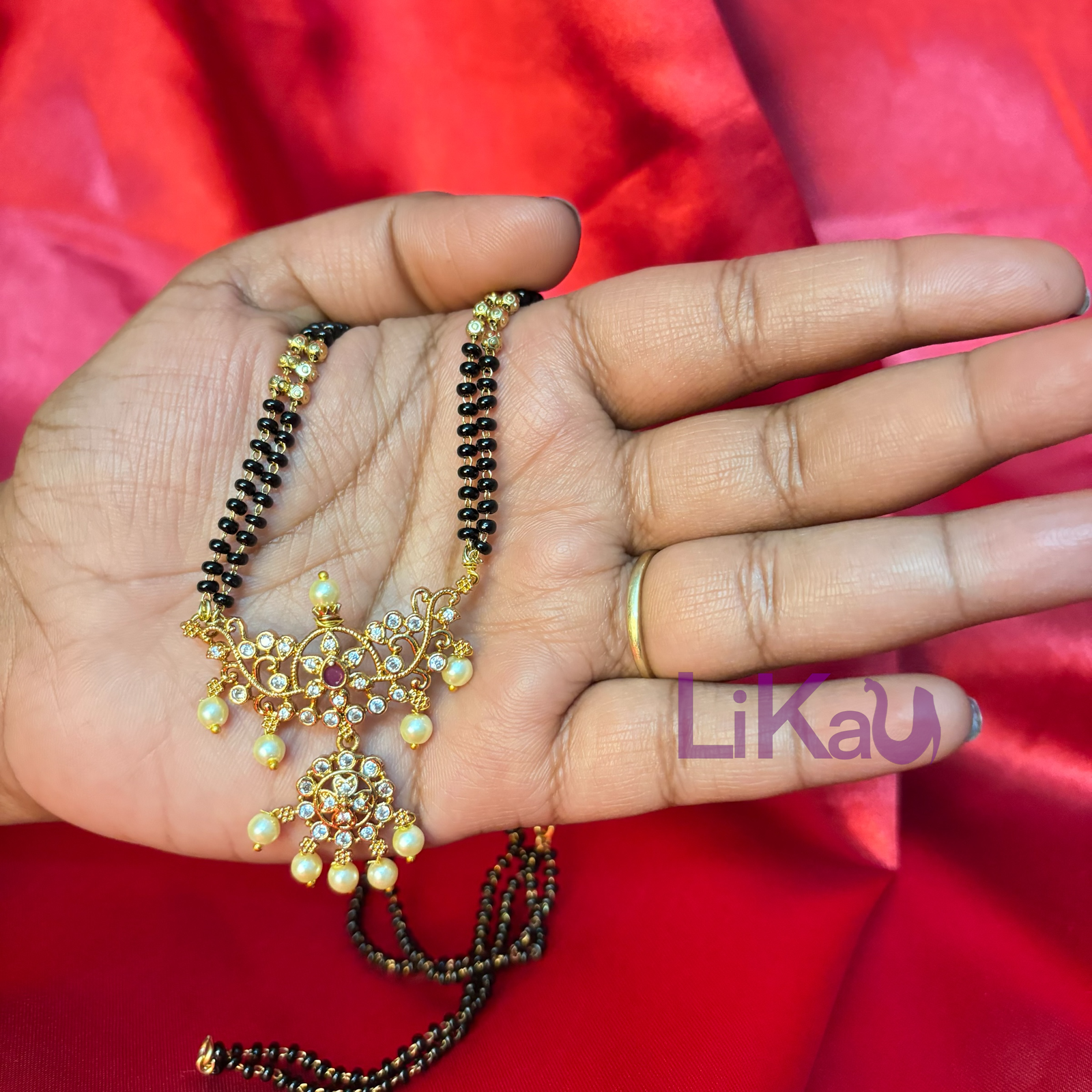 Flowery White and Pink AD stones Golden 2 layer Black beads|mangalsutra - Image 1