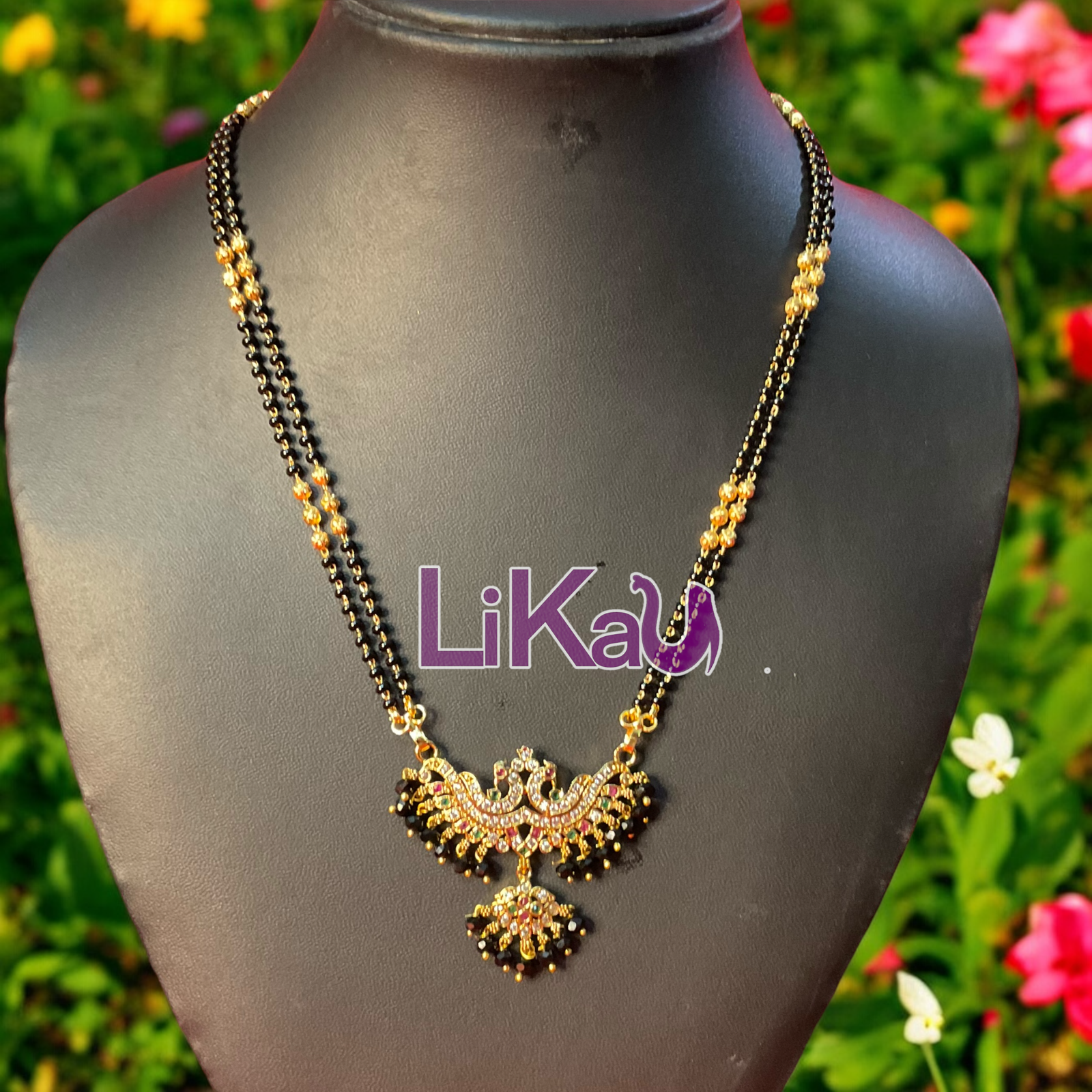 peacock heavy AD stones with golden beads anti tarnish black beads|mangalsutra - Image 1