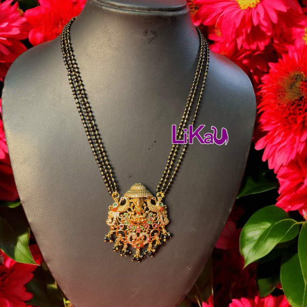 Elegant Lakshmi Devi Locket three lines long anti-tarnish blackbeads|mangalsutra
