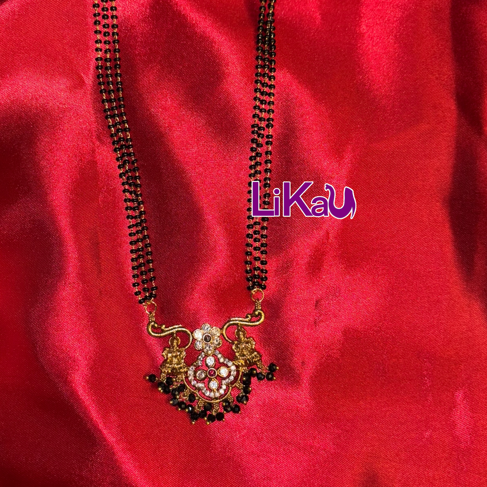 Dwi Lakshmi Heavy locket with three lines Anti Tarnish blackbeads|mangalsutra - Image 1