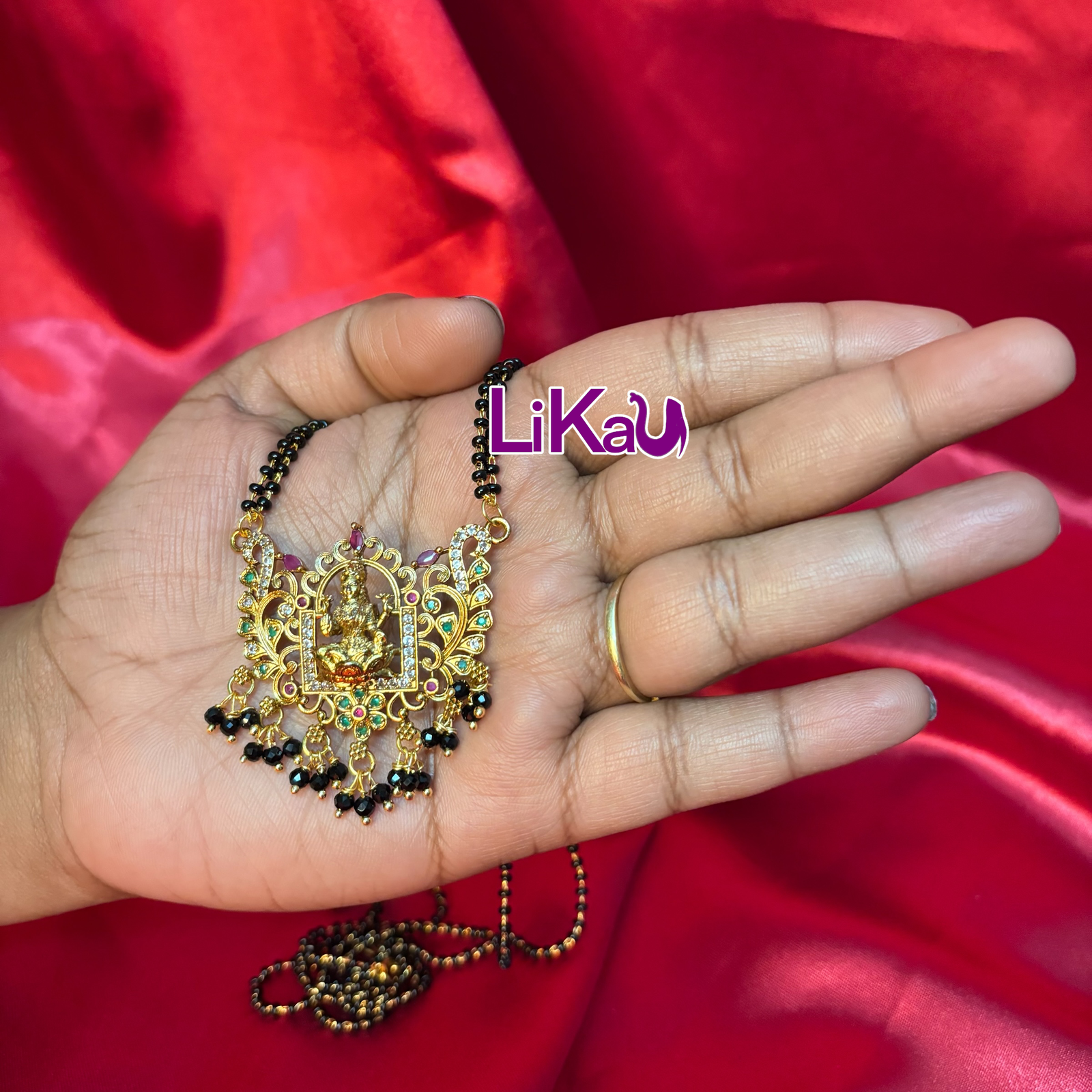 Lakshmi Devi Pendent Heavy Two line Anti-Tarnish Blackbeads|mangalsutra - Image 1