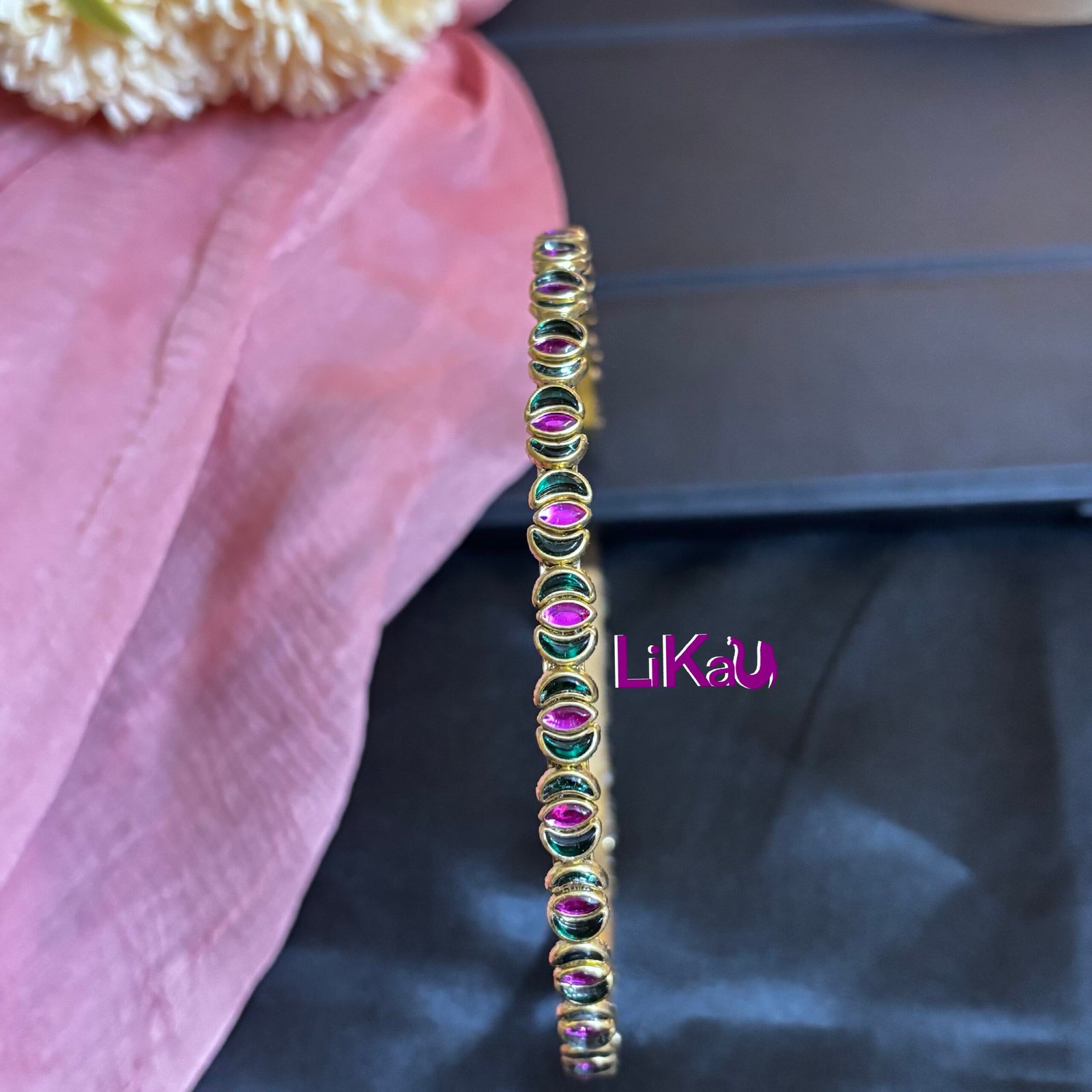 Bloom Brass Headband adorned with alternating green and magenta kundan stones - Image 2