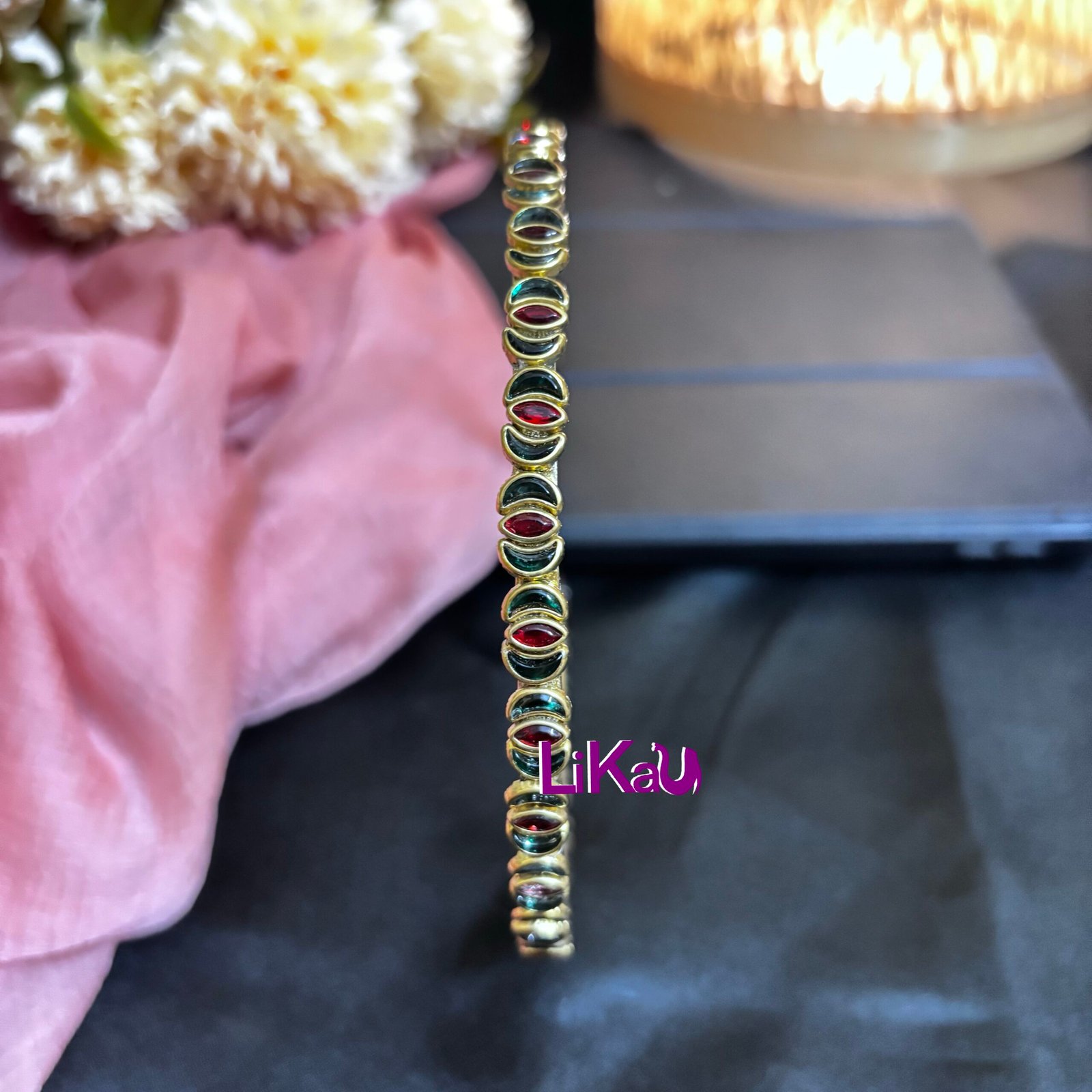 Royal Empress Brass Kundan Headband alternating deep green and ruby red kundan stones - Image 3