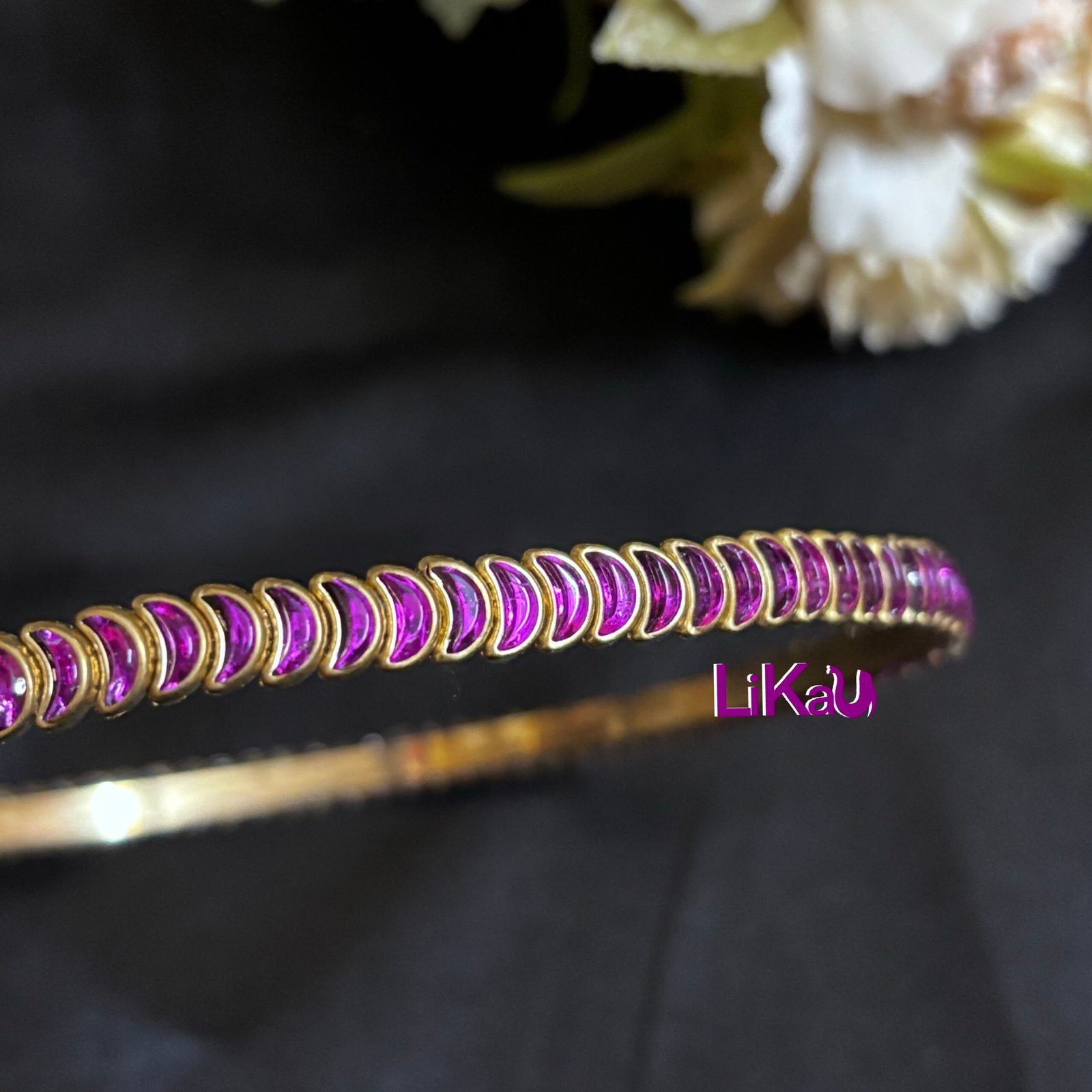 Crescent Bloom Brass Headband with Pink Kundans - Image 2