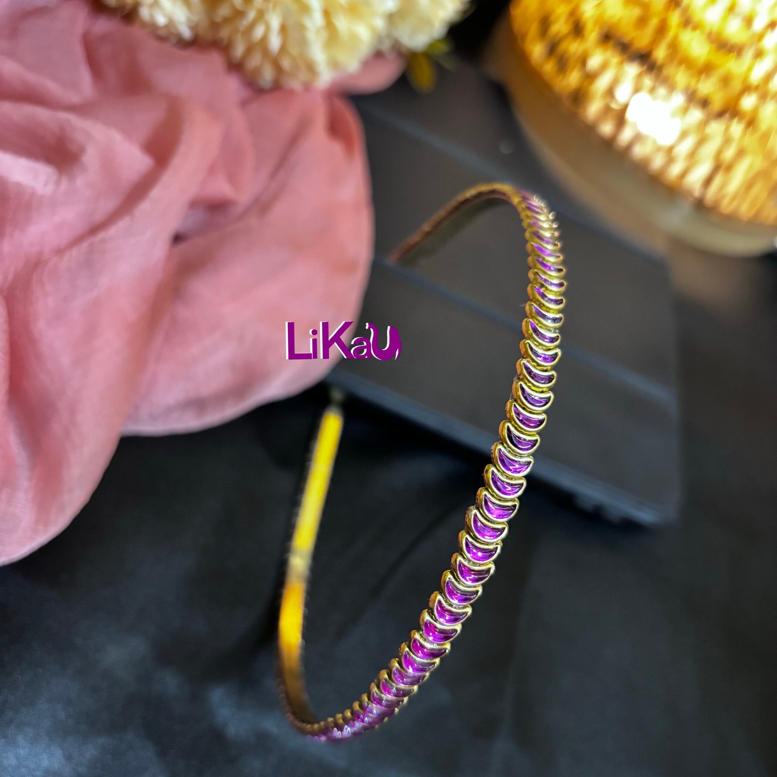 Crescent Bloom Brass Headband with Pink Kundans - Image 1
