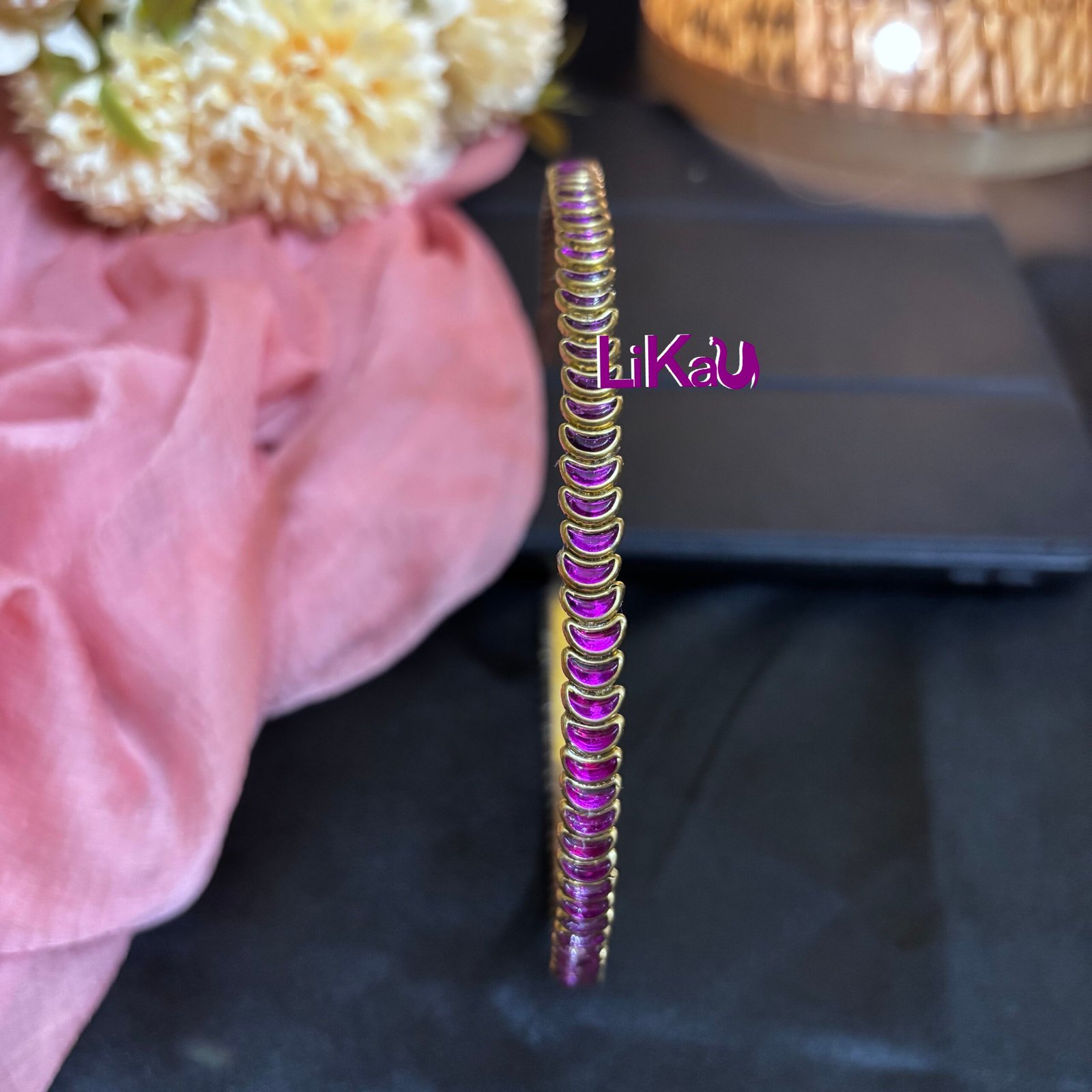 Crescent Bloom Brass Headband with Pink Kundans - Image 3