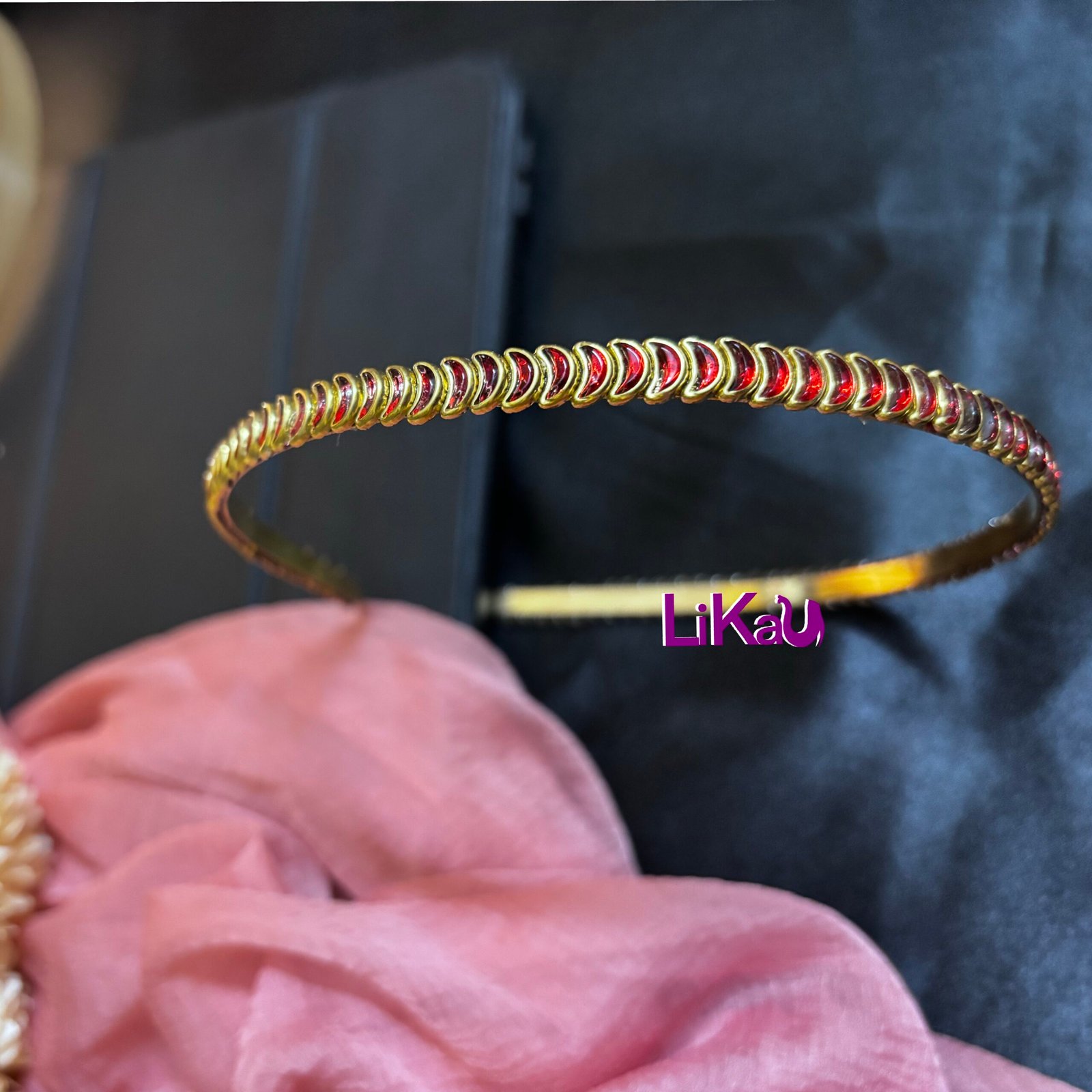 Crescent Bloom Brass Headband with Red Kundans - Image 2